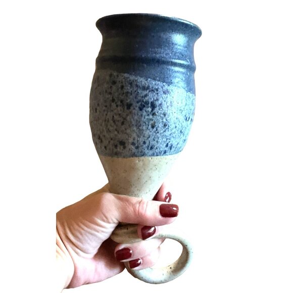 0RGY HORN STUDIO POTTERY GOBLET IRISH SPECKLED CLAY BLUE GLAZE HANDHELD VESSEL - Picture 8 of 9